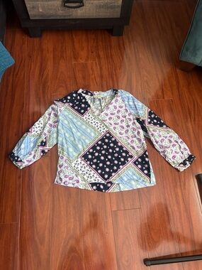 LOFT women’s Navy, Light Blue & Pink Patchwork Long-Sleeve Top
